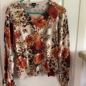 Rafaella Orange/cream/brown floral print button front cardigan